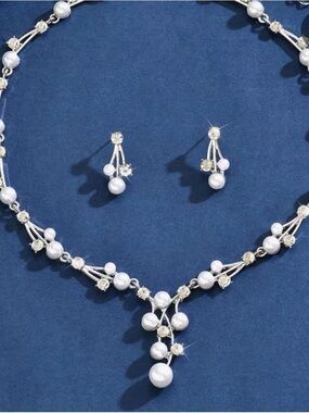 David's Bridal White Pearl and Crystal V-Drop Necklace with Earrings